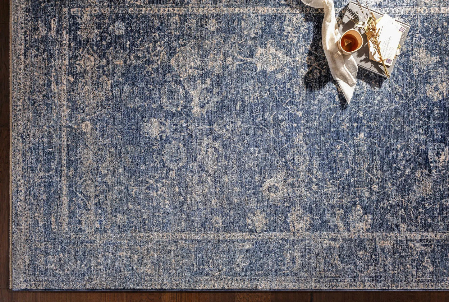 Eastham Luxe Area Rug Navy and Beige by Boutique Rugs with distressed pattern on Tampa Home & Garden Store