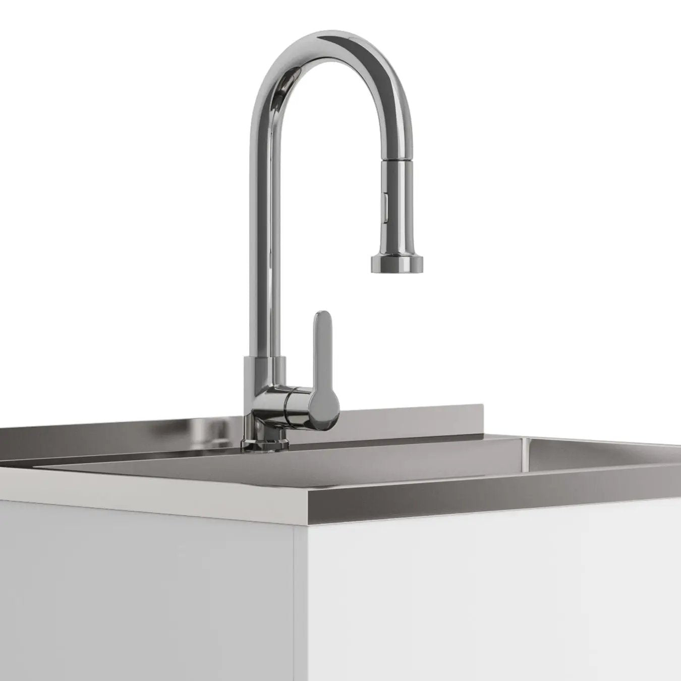 Metro chrome laundry faucet with high-arc spout over stainless steel sink on Tampa Home & Garden Store