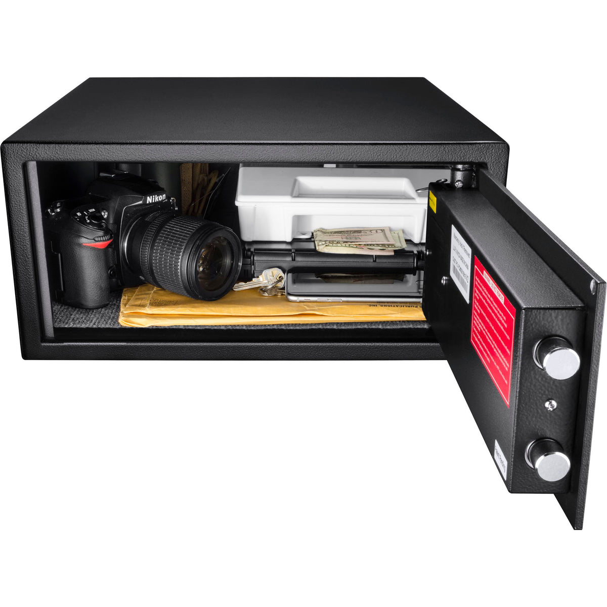 Biometric safe with fingerprint access in black steel opened to Nikon camera gear and cash on Tampa Home & Garden Store
