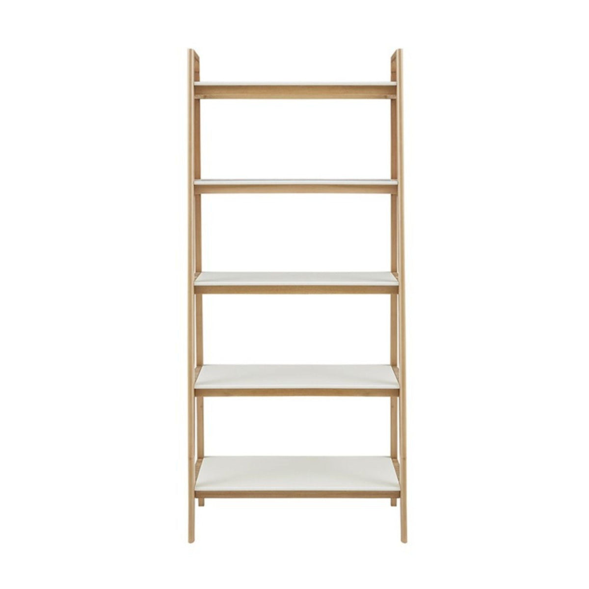 Five-shelf ladder bookcase by HouseOfZazla in natural wood with off-white shelves on Tampa Home & Garden Store