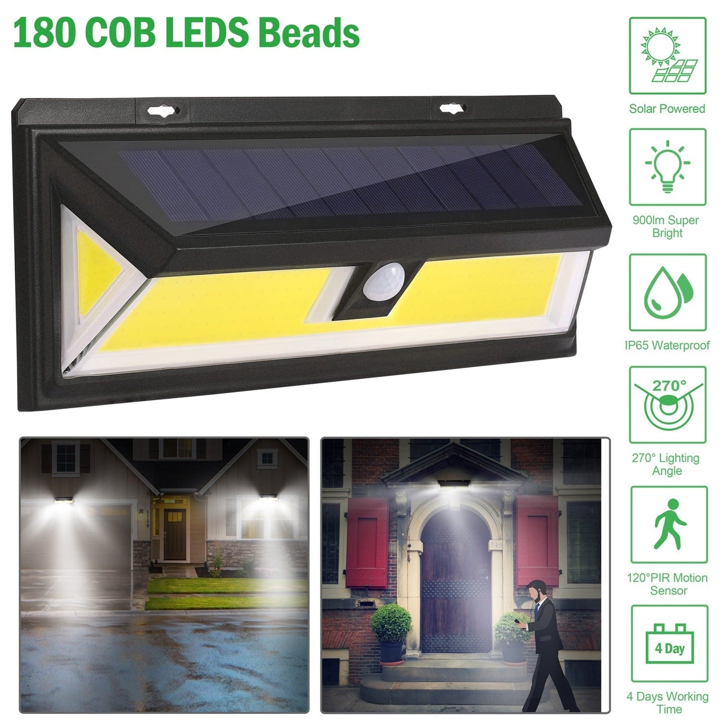 Solar wall light 180 COB LEDs, black outdoor motion-sensor floodlight IP65 for garage garden pathway GBruno Store on Tampa Home & Garden Store