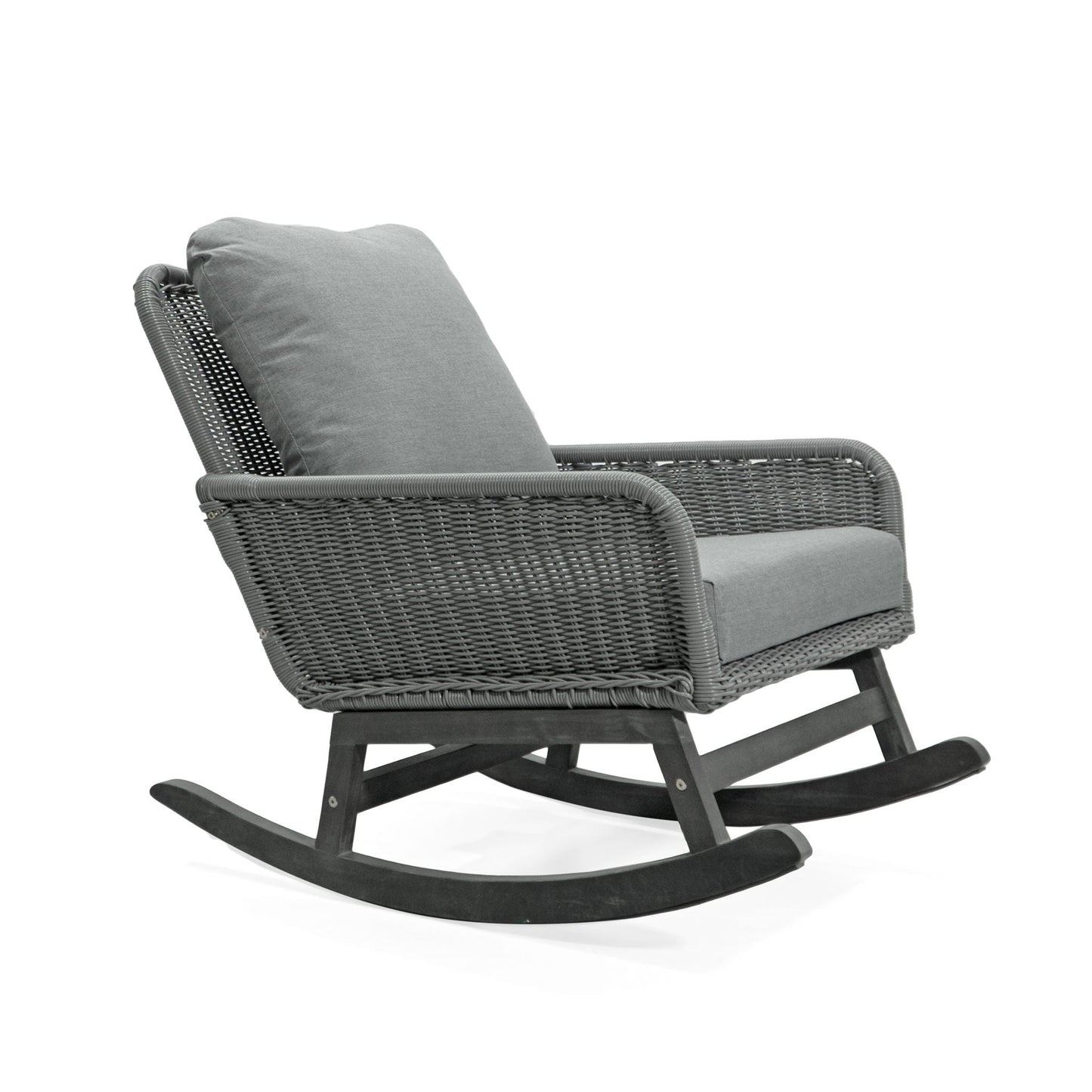 Contemporary minimalist wicker rocking chair with soft gray cushions and durable wood frame on Tampa Home & Garden Store