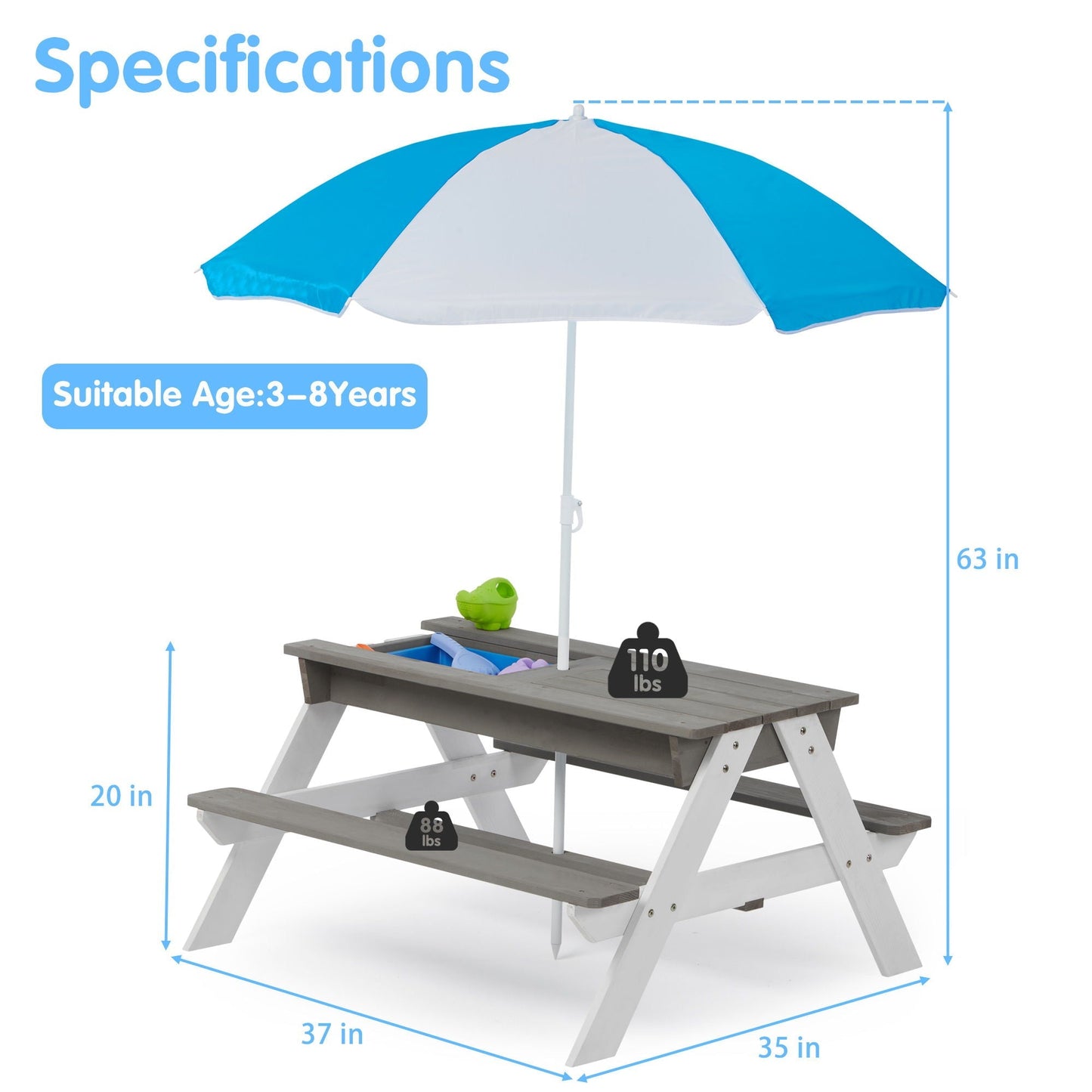 3-In-1 Kids Outdoor Wooden Picnic Table With Umbrella gray wooden table with blue canopy on Tampa Home & Garden Store