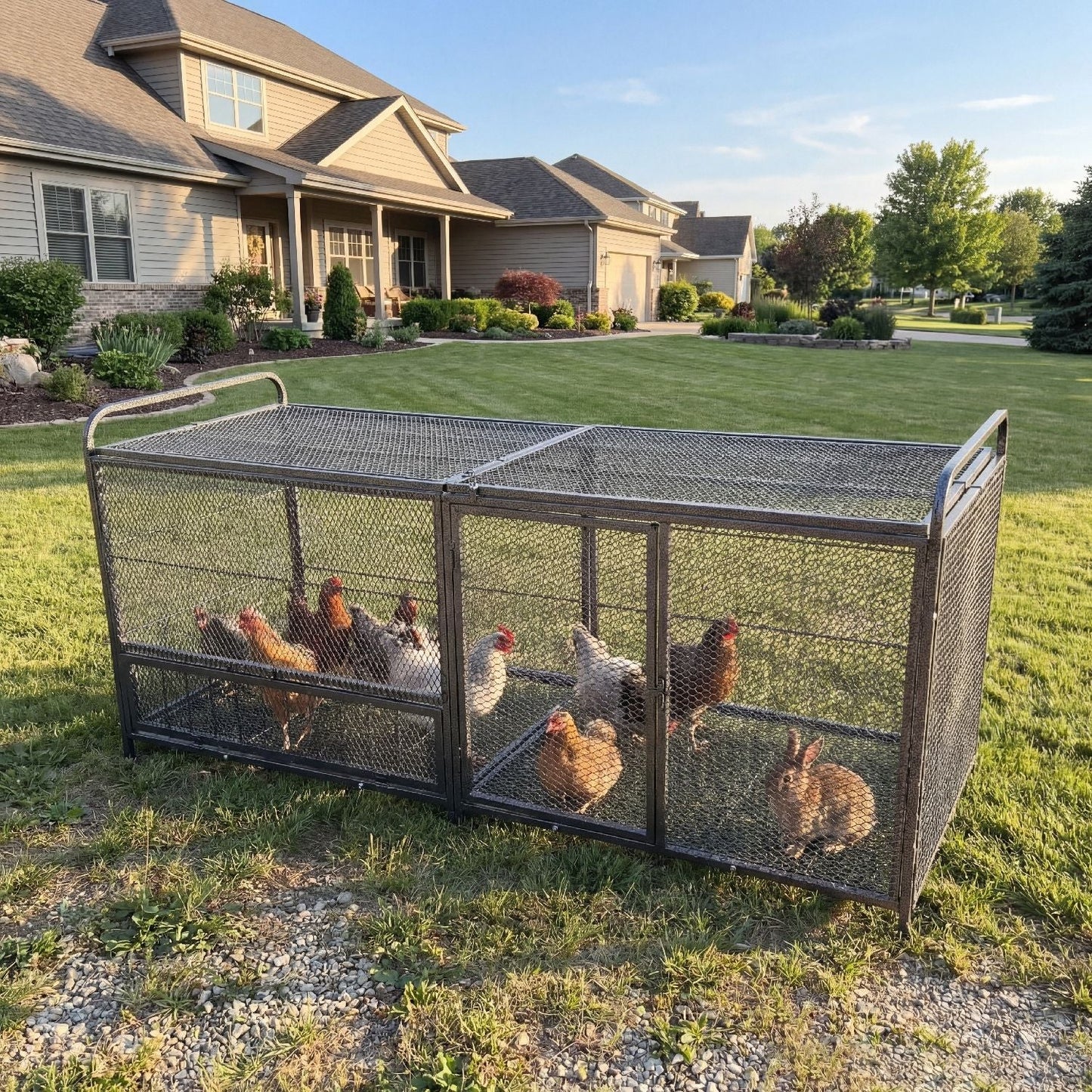 Chicken Cage Poultry Breeding Coop black and silver metal mesh with few chickens in a yard on Tampa Home & Garden Store
