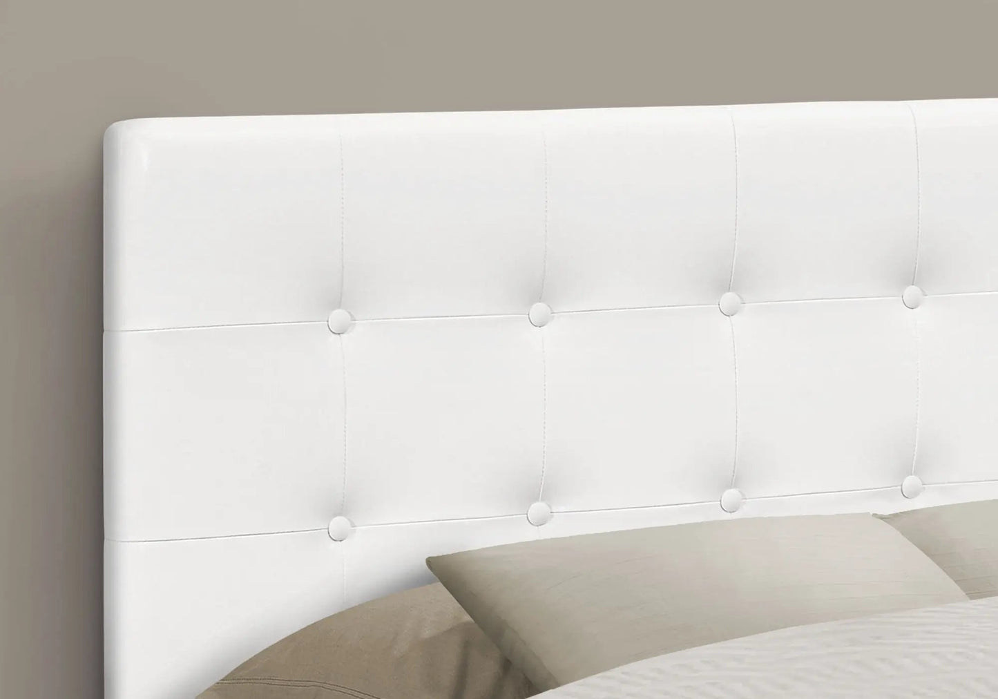 Full size white leather-look upholstered headboard with button tufting on Tampa Home & Garden Store