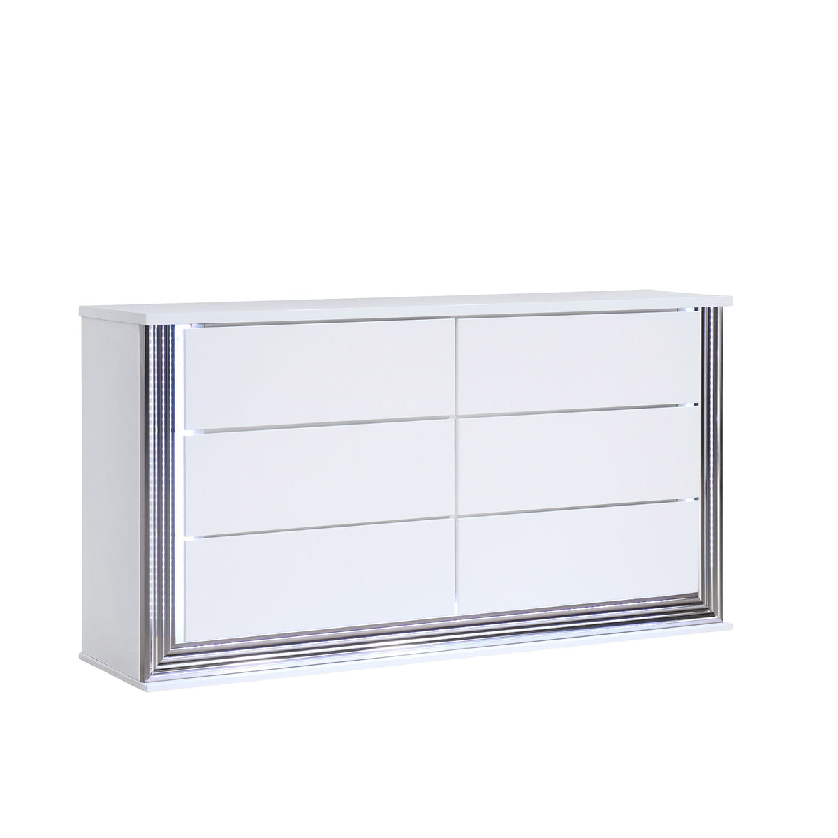 Smooth white dresser with LED lighting, glossy finish and chrome mirrored trim by HouseOfZazla on Tampa Home & Garden Store