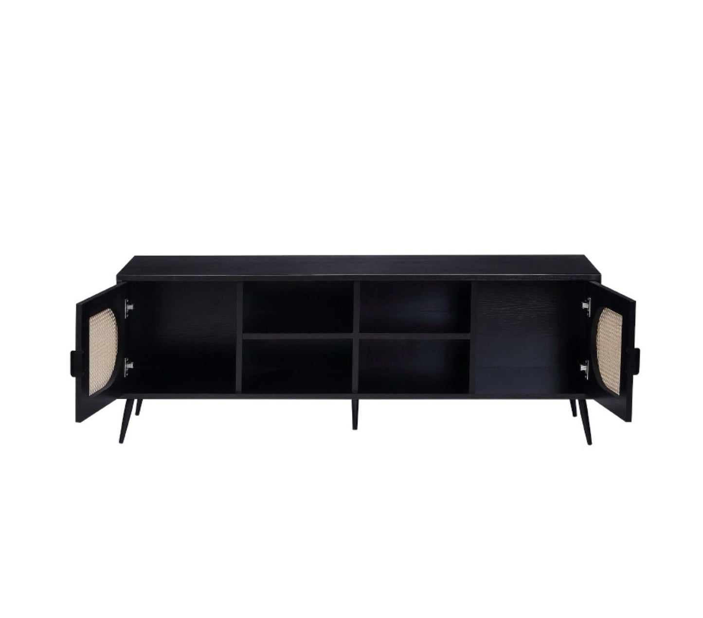 Colson TV Stand Black by HouseOfZazla with central cubbies and end cane-panel cabinets on Tampa Home & Garden Store