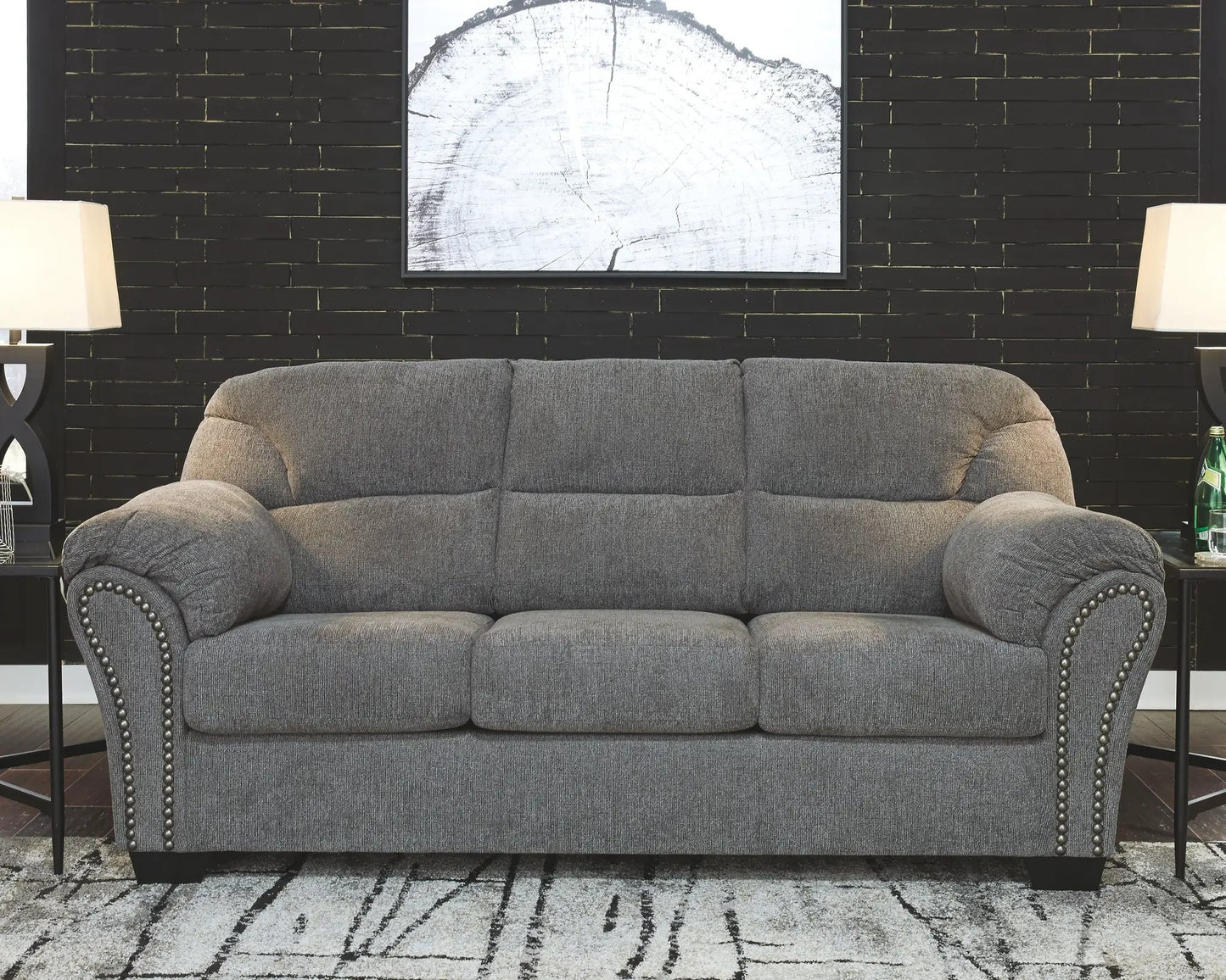 Allmaxx - Sofa - Pewter, stationary sofa in gray fabric with rolled arms and nailhead trim on Tampa Home & Garden Store