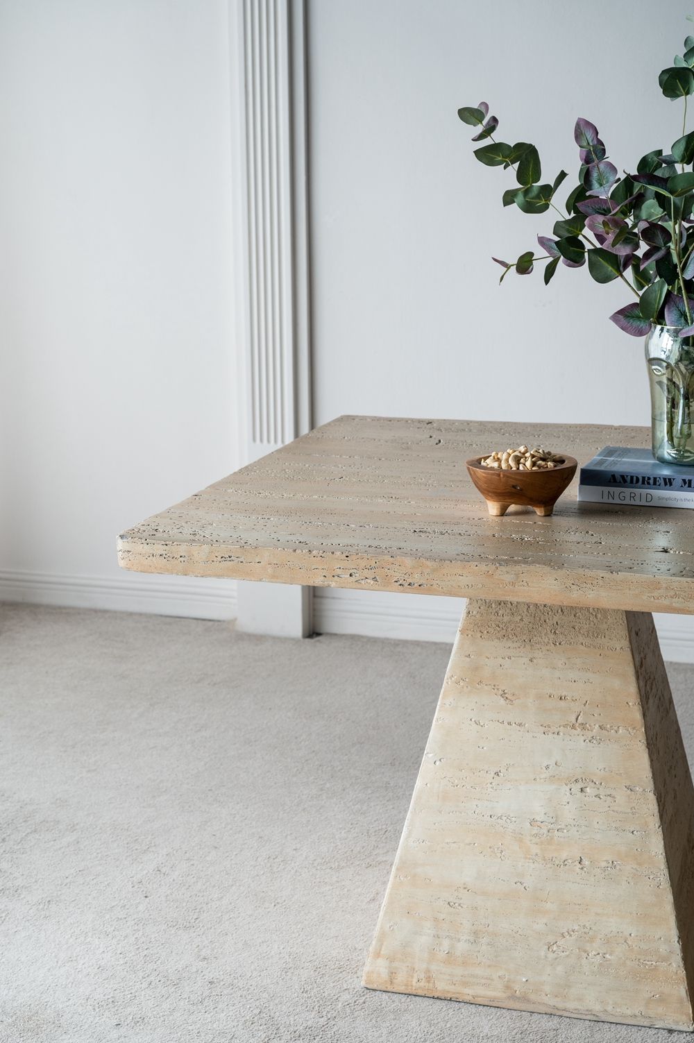 Square beige dining table with pedestal base and woodgrain texture by HouseOfZazla on Tampa Home & Garden Store