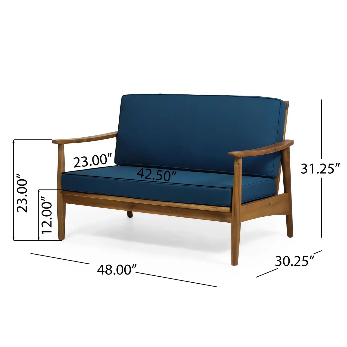 Outdoor Acacia Wood Loveseat Set with Coffee Table, 2-piece set, blue cushions, HouseOfZazla on Tampa Home & Garden Store