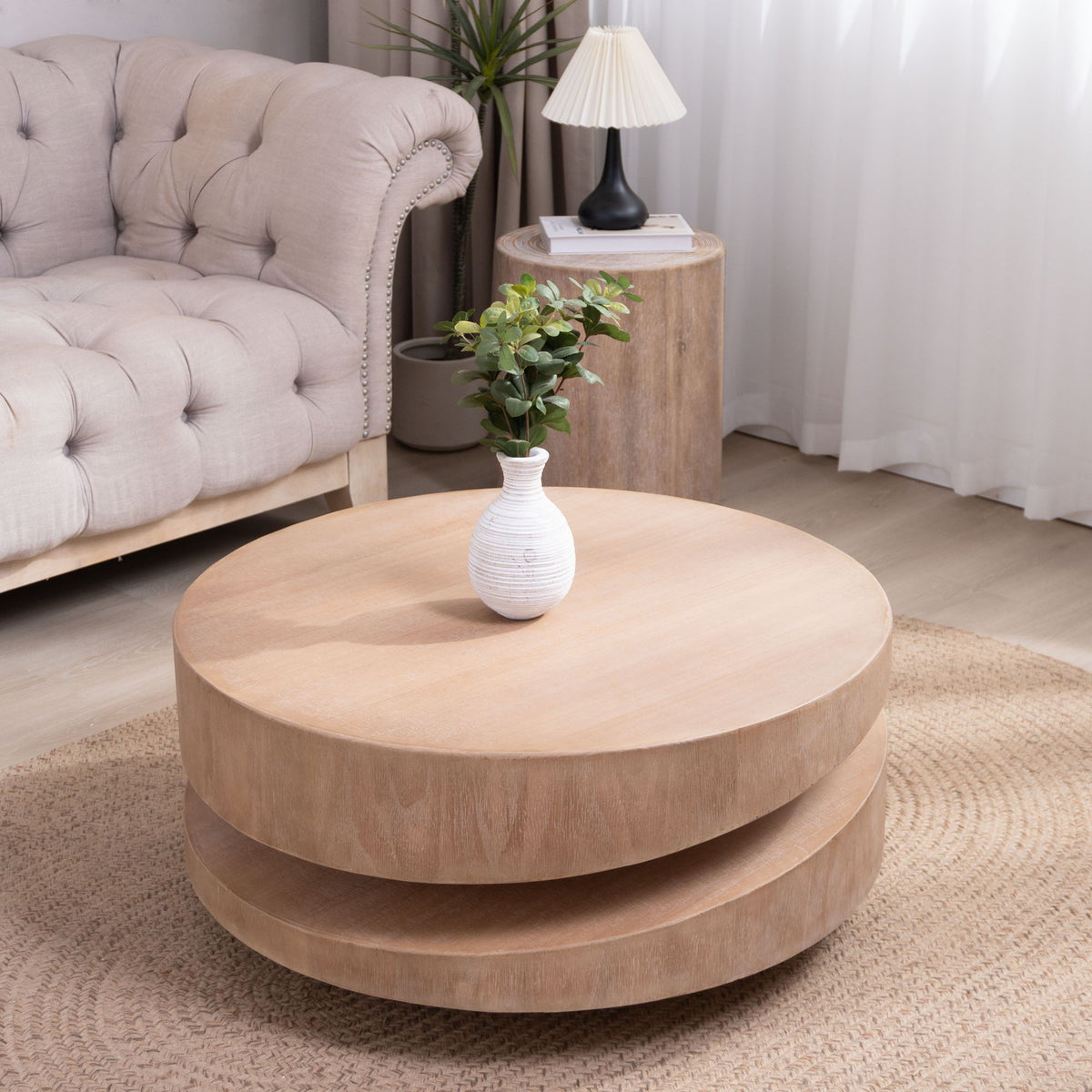 Modern round wood coffee table with sculptural two-tier design in natural finish by HouseOfZazla on Tampa Home & Garden Store