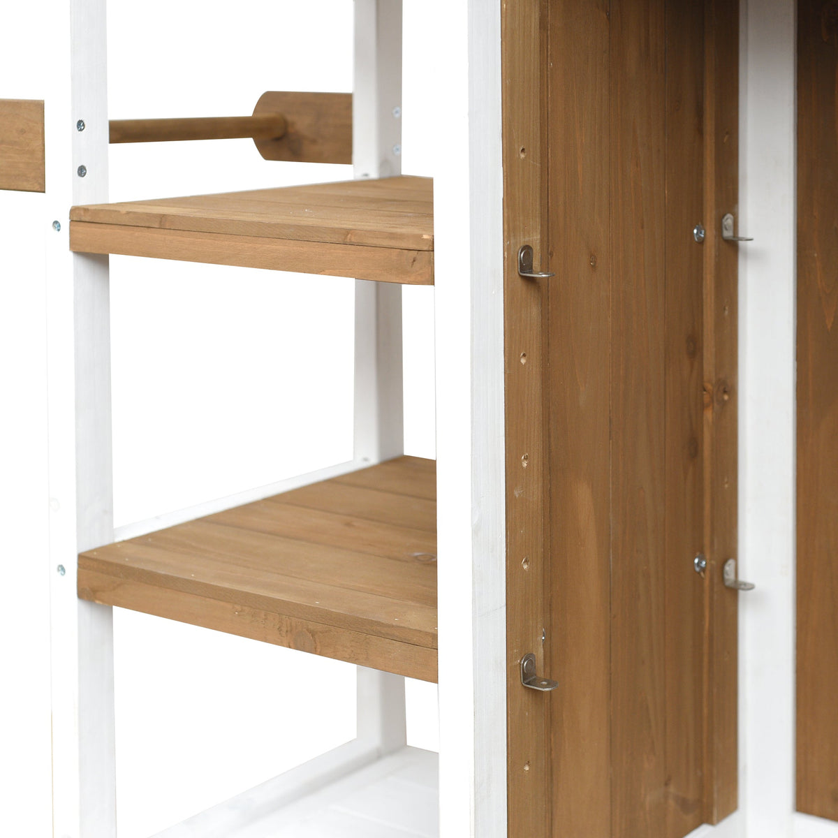 Foldable Outdoor Kitchen Island with white frame and natural wood shelves for patios on Tampa Home & Garden Store