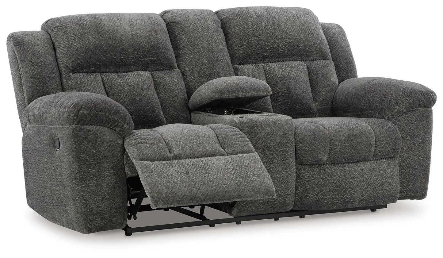 Frohn double reclining loveseat with console in textured dark gray fabric on Tampa Home & Garden Store