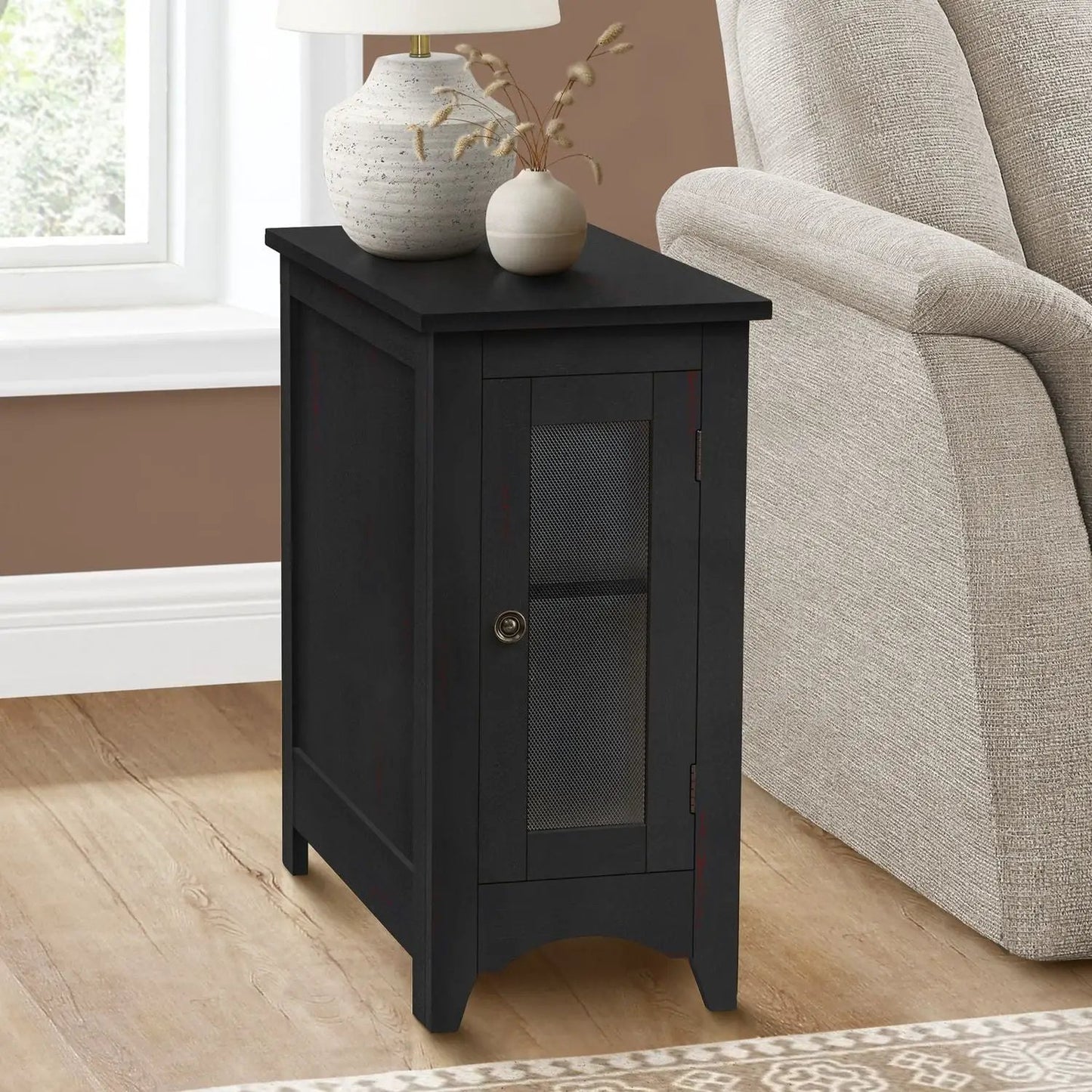 Accent end table in black with mesh-panel door by Unique Piece Furniture on Tampa Home & Garden Store