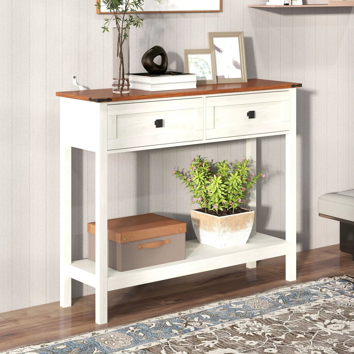 Farmhouse Console Table With 2 Drawers and Shelf