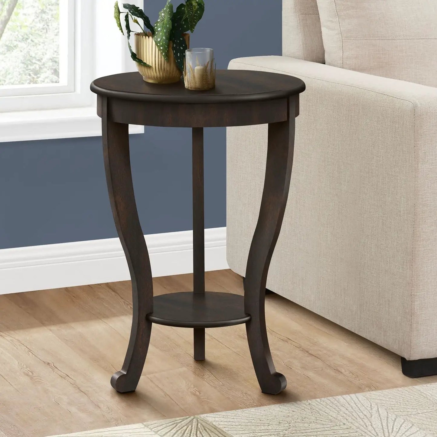 Accent End Table, 2-Tier Walnut wood with curved legs, traditional style on Tampa Home & Garden Store