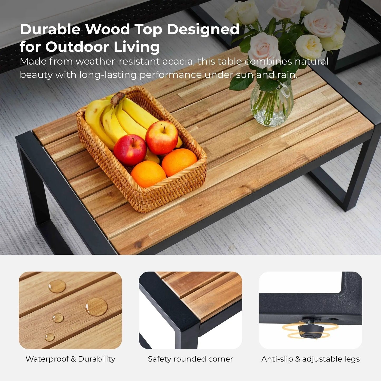 4-piece outdoor patio set with acacia wood table top and cushions by Unique Piece Furniture on Tampa Home & Garden Store