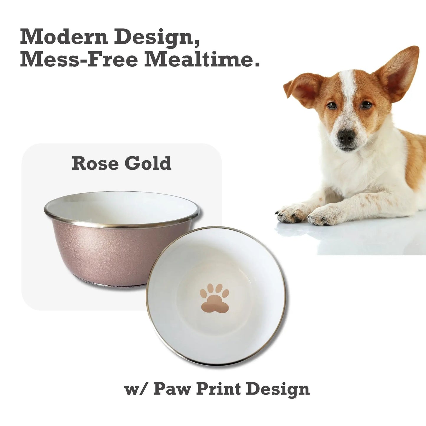 Deep dog bowl set in rose gold with white interior and paw print design (2 bowls) on Tampa Home & Garden Store