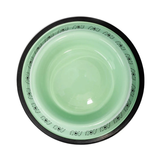 Non skid boho enamel-coated dog bowl mint green interior with black non-slip base on Tampa Home & Garden Store