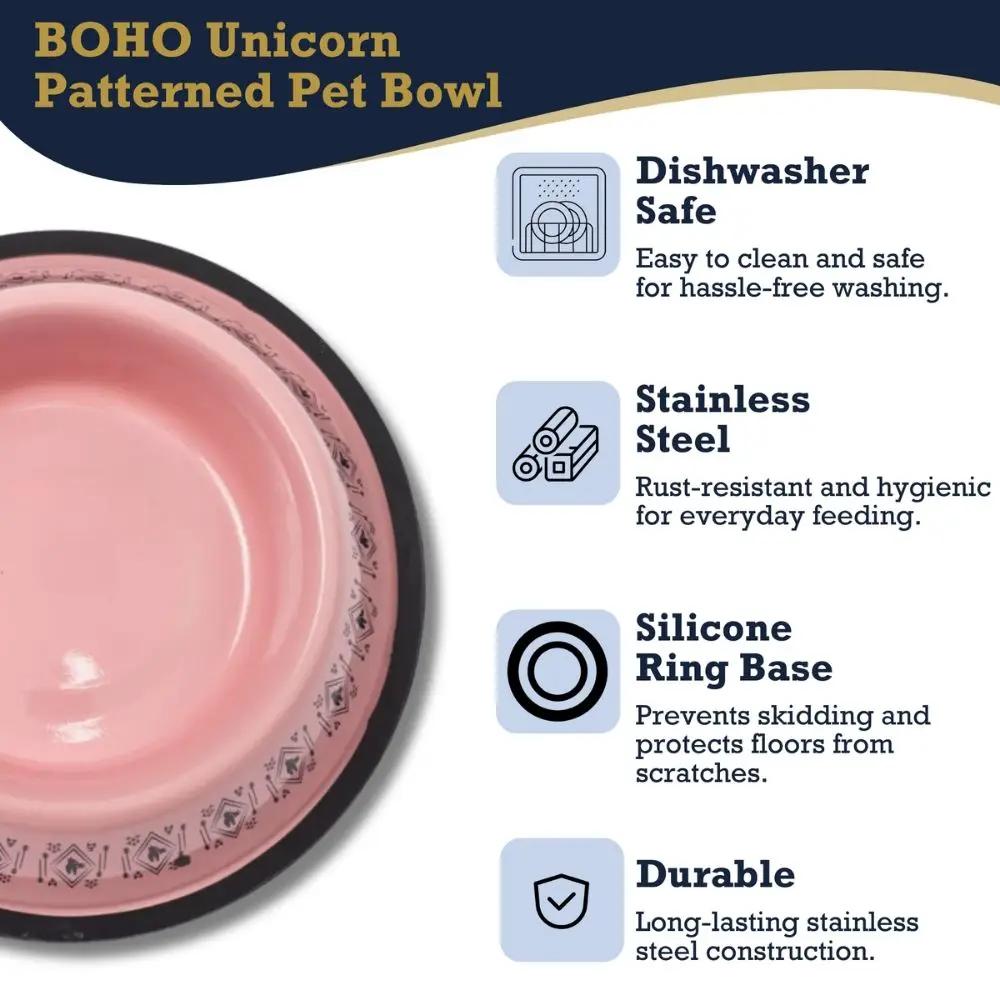 Boho unicorn patterned stainless steel dog bowl with pink interior silicone non-slip base on Tampa Home & Garden Store