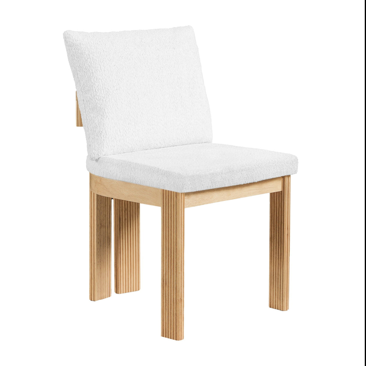 White boucle upholstered dining chair with a natural rubber wood frame on Tampa Home & Garden Store