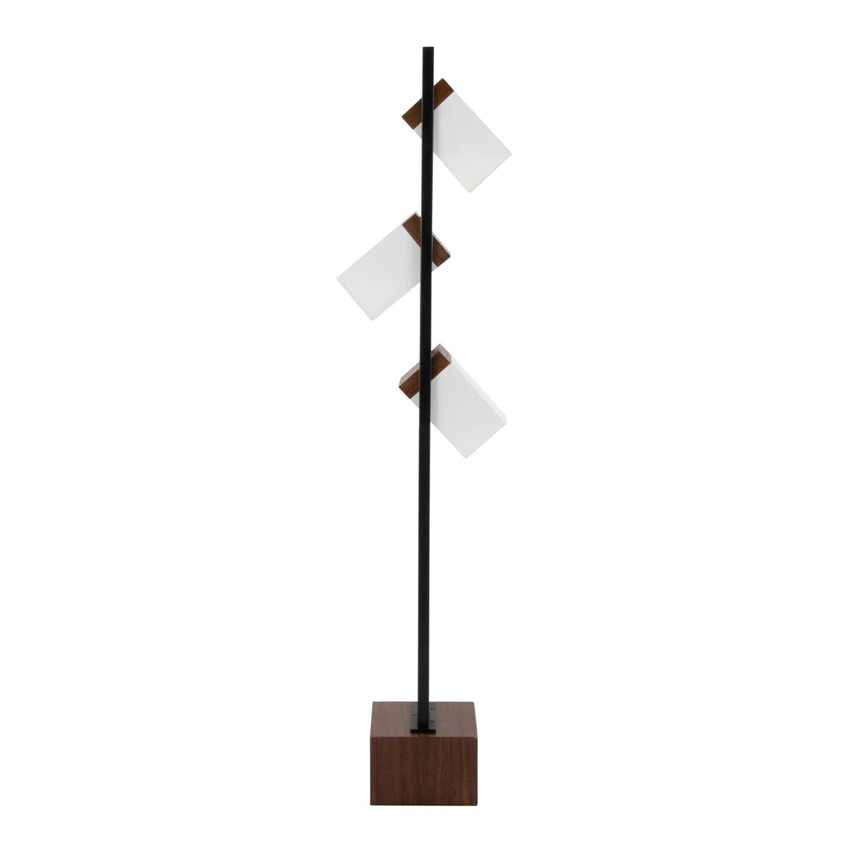 Bento contemporary floor lamp by HouseOfZazla, black stem, walnut base, white shade panels on Tampa Home & Garden Store