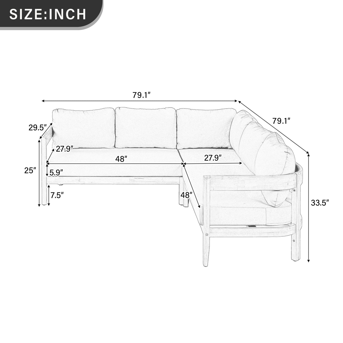 U_Style Acacia solid wood outdoor patio furniture set dimensioned schematic with cushioned sofa on Tampa Home & Garden Store