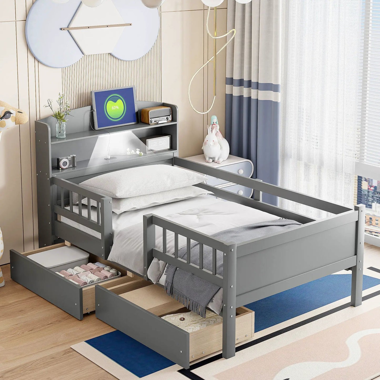 Platform Bed with LED Light and 2 Drawers