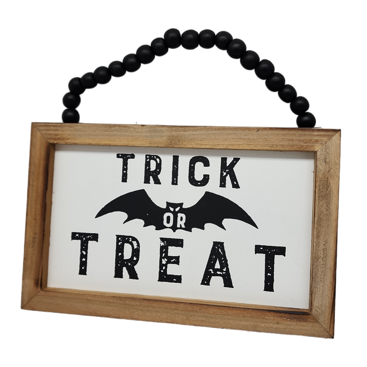 Wooden hanging sign 8 inch Trick or Treat with black bead hanger bat graphic on Tampa Home & Garden Store