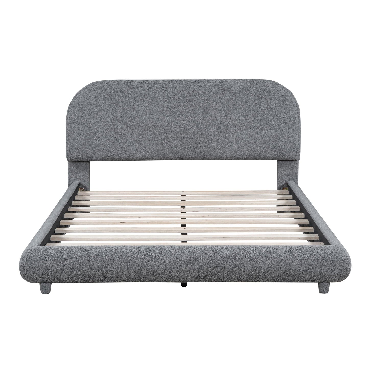Upholstered platform bed with thick gray fabric frame and curved headboard by HouseOfZazla slats on Tampa Home & Garden Store