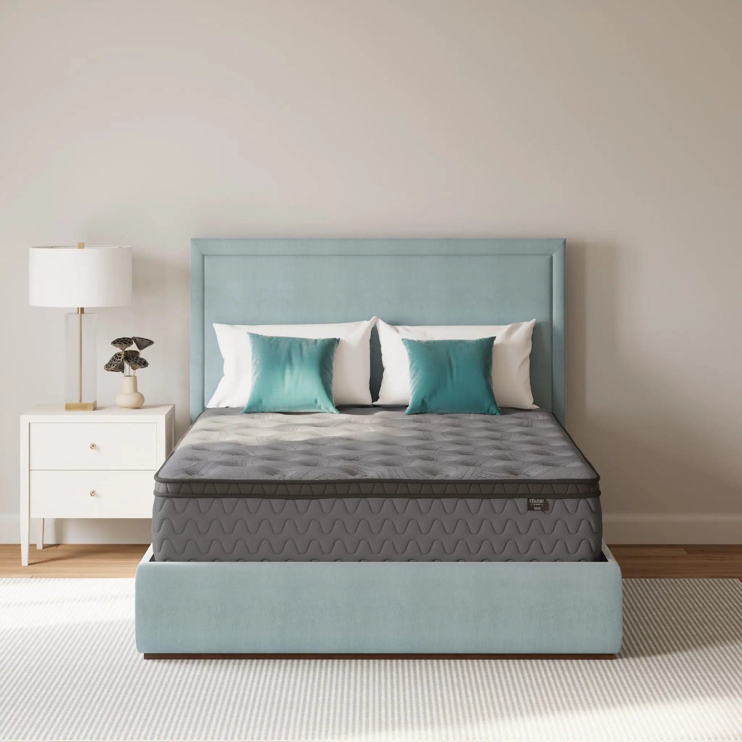 Augusta Firm Hybrid Mattress by Unique Piece Furniture teal upholstered bed with gray mattress on Tampa Home & Garden Store