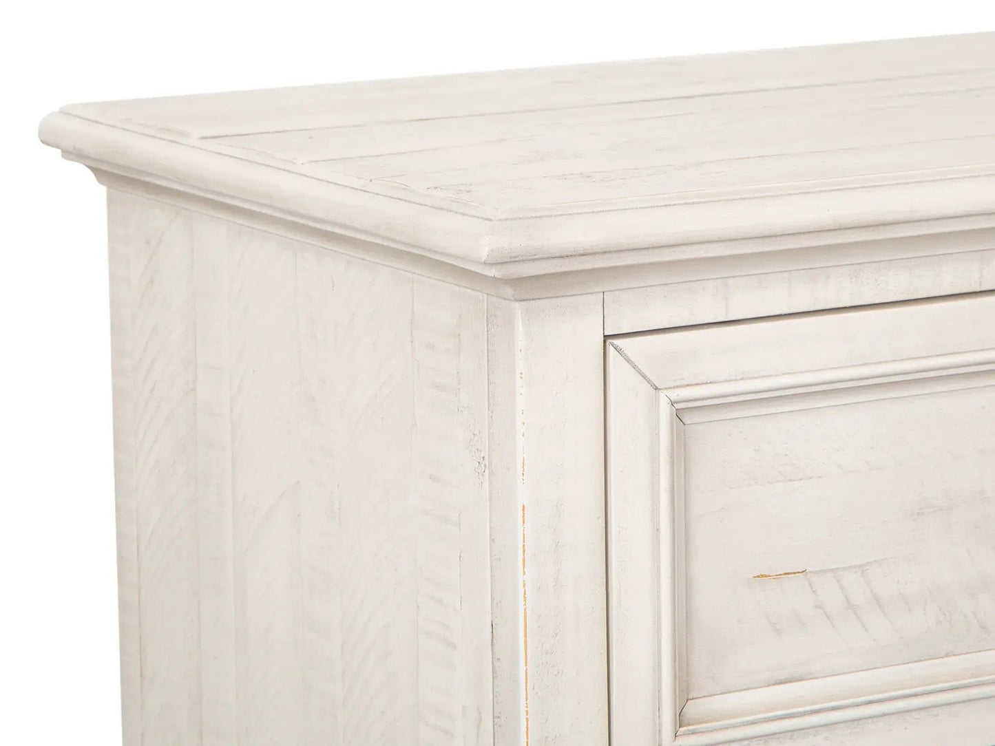 Newport Drawer Nightstand Alabaster finish, distressed wood, beveled front on Tampa Home & Garden Store