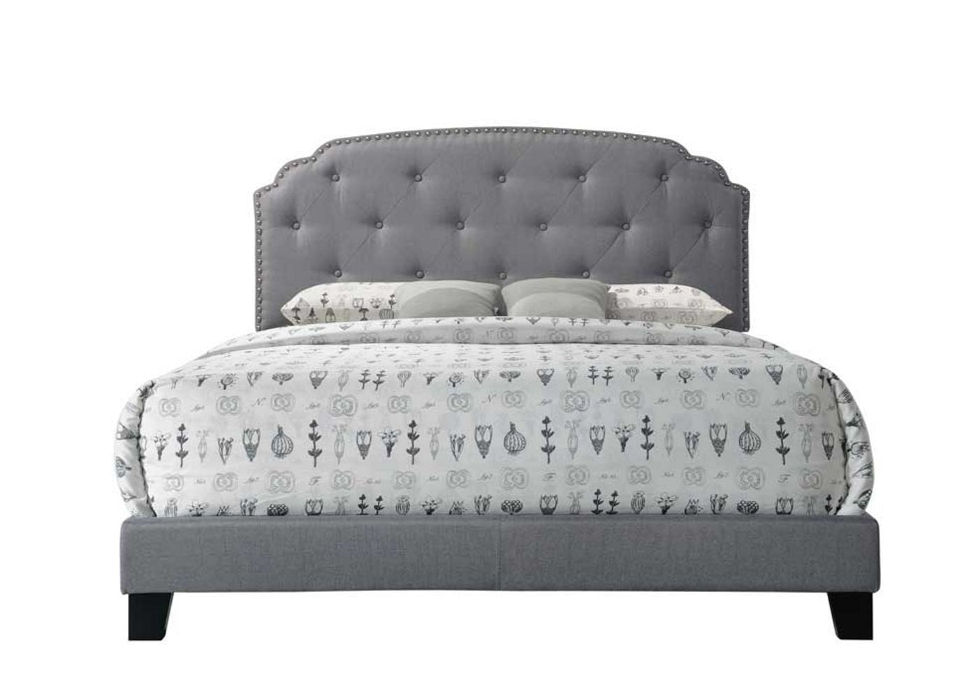 Tradilla queen bed gray upholstered with tufted headboard and nailhead trim by HouseOfZazla on Tampa Home & Garden Store
