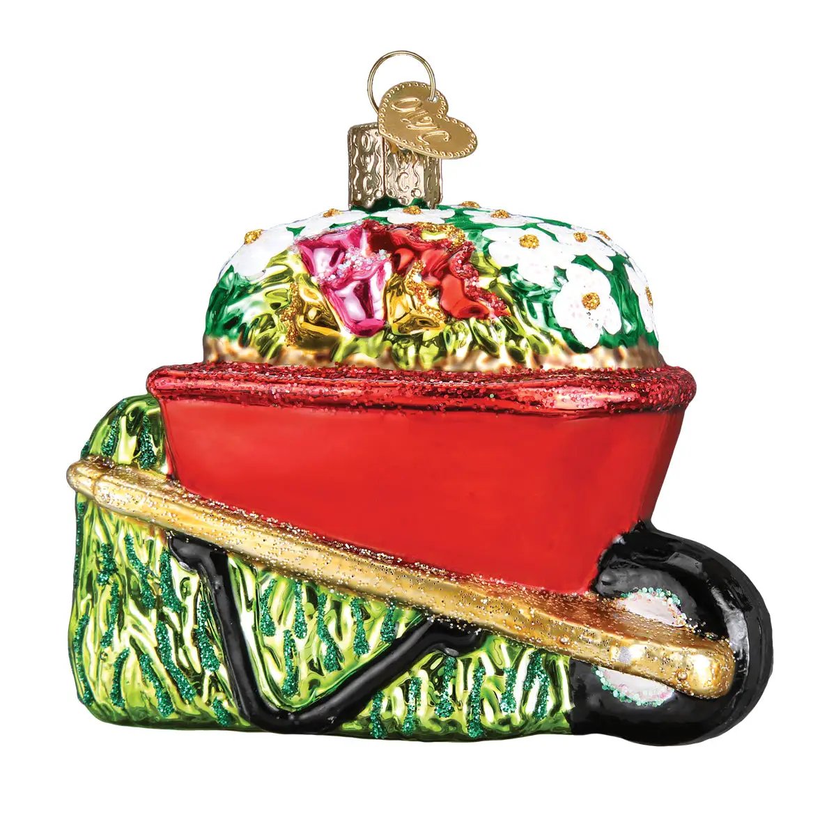 Mouth Blown Glass Wheelbarrow Ornament red body with green textured sides and floral top on Tampa Home & Garden Store