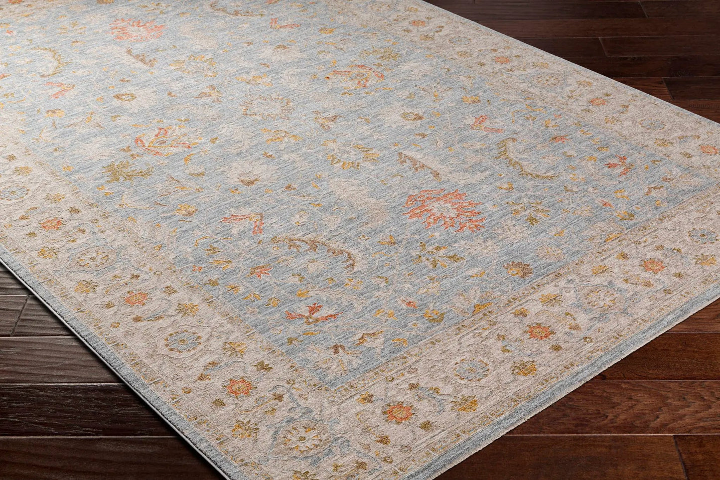 Edie Taupe Thick Luxe Oushak Rug, traditional floral in taupe and blue, Boutique Rugs on Tampa Home & Garden Store
