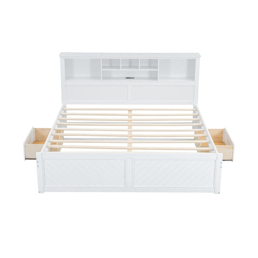 HouseOfZazla white platform bed with multi-storage headboard USB port and two underbed drawers on Tampa Home & Garden Store