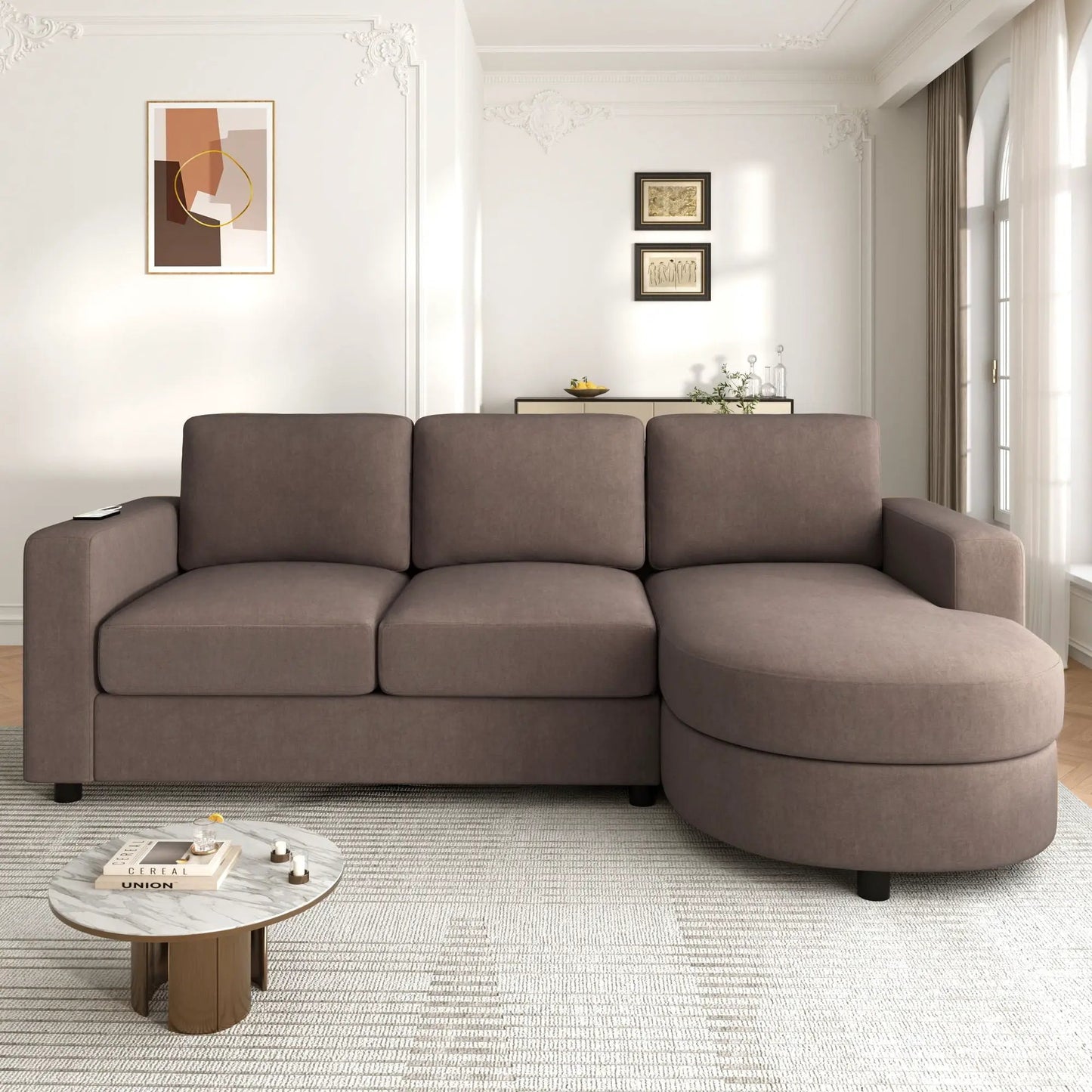 Modern L-shaped sectional sofa in brown fabric with curved chaise on Tampa Home & Garden Store