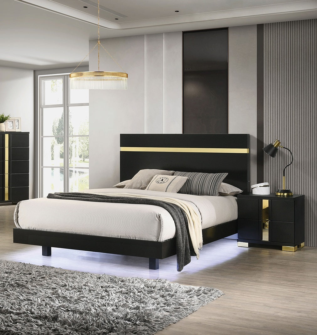 Modern black 3-piece bedroom set with LED lighting; upholstered bed and nightstand HouseOfZazla on Tampa Home & Garden Store
