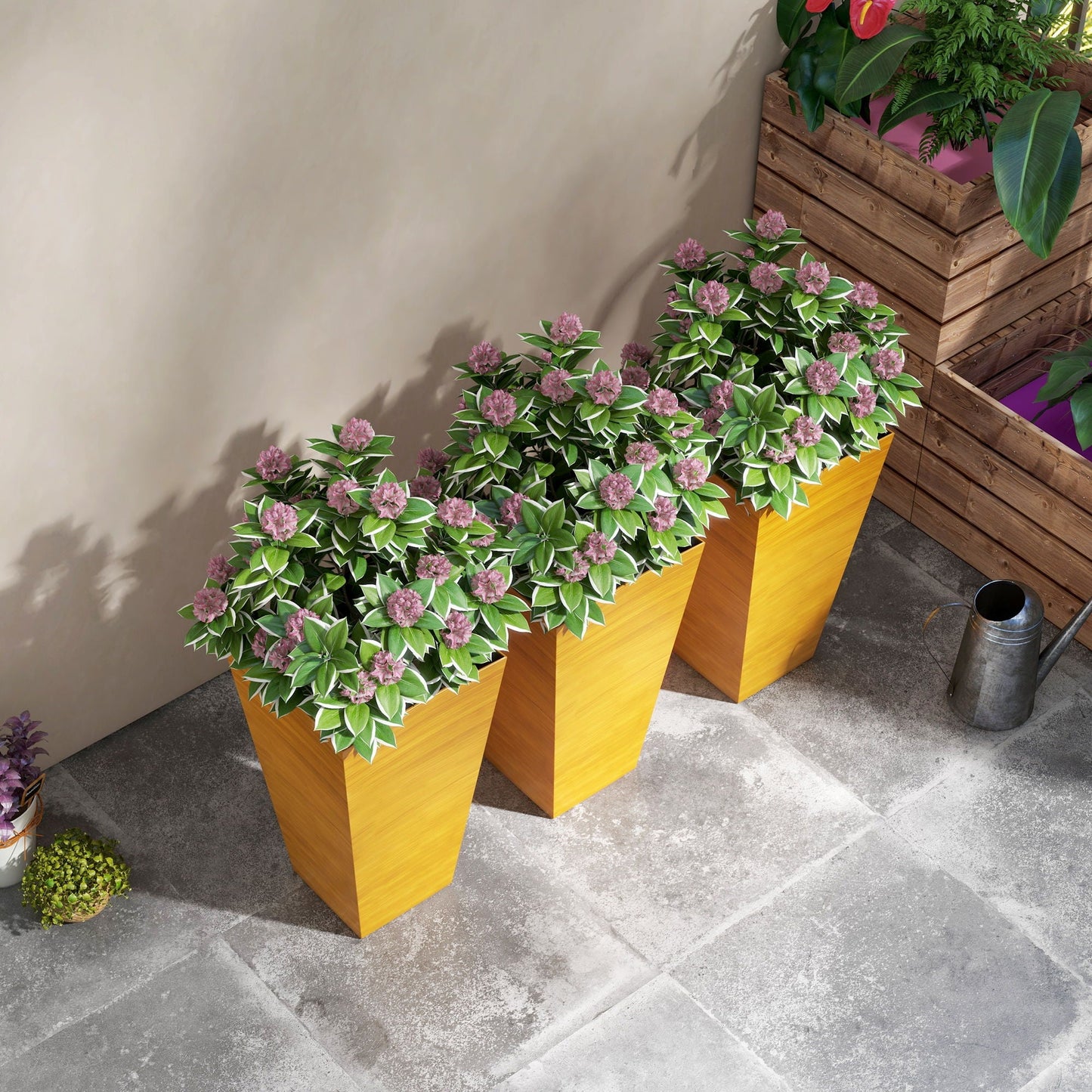 Outsunny outdoor planters set of 3 large tapered pots in faux wood finish with drainage holes on Tampa Home & Garden Store
