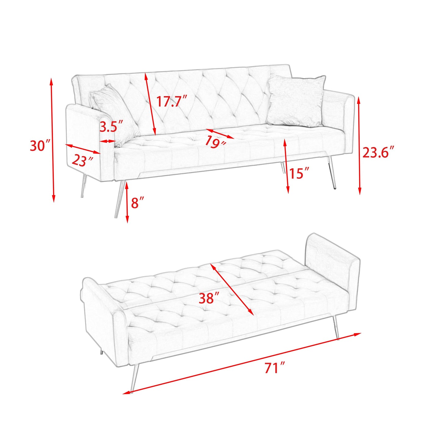 71-inch foldable double sofa in white tufted fabric by HouseOfZazla, American retro style on Tampa Home & Garden Store
