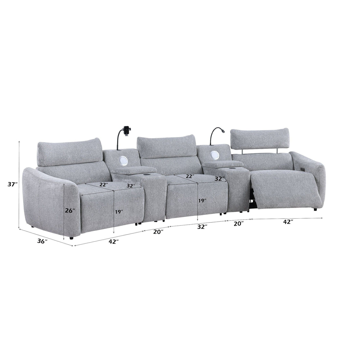 Fullar modular power motion reclining sectional sofa with console and light gray fabric on Tampa Home & Garden Store