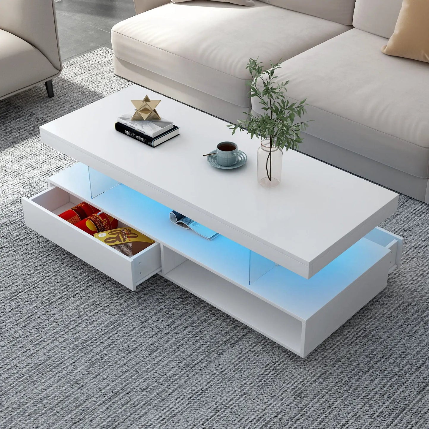 White LED coffee table with 2 drawers and display shelves by Unique Piece Furniture on Tampa Home & Garden Store