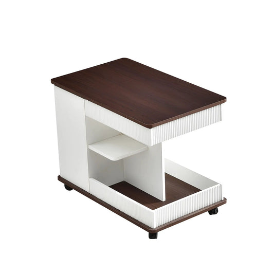 Adjustable end table with wheels, dark walnut top, white ribbed base, 360° rotating top, storage on Tampa Home & Garden Store