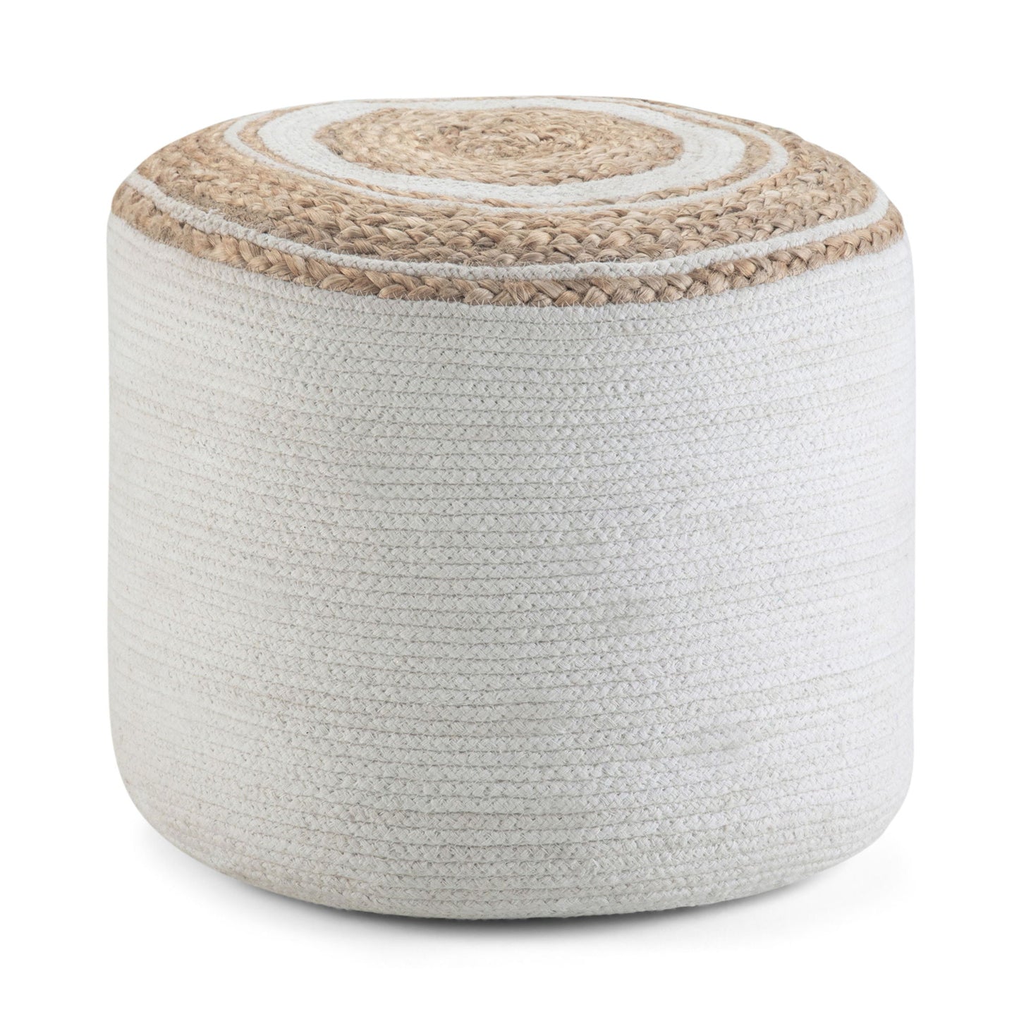 Serena Handcrafted round braided pouf in natural beige jute with white bands on Tampa Home & Garden Store
