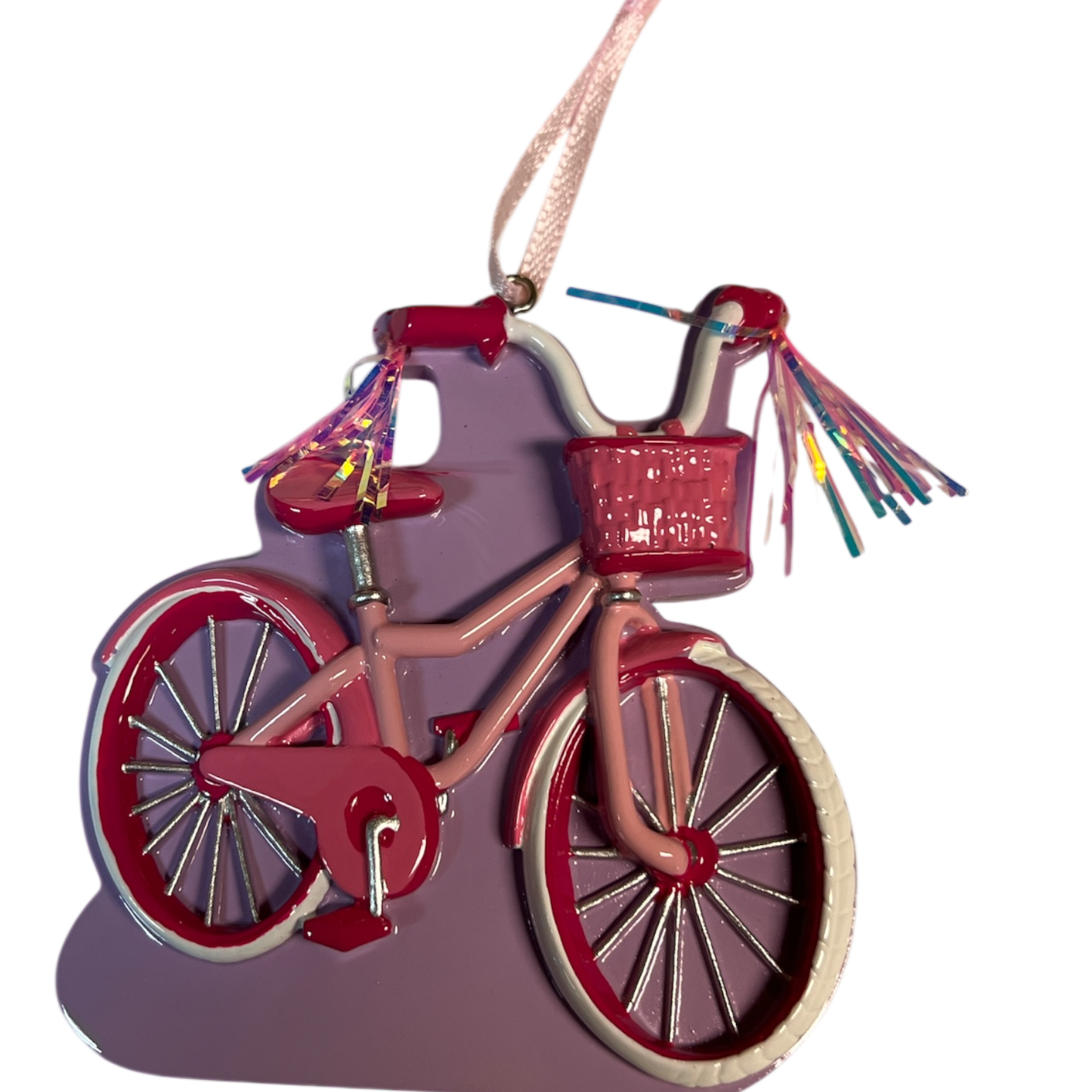 Joyful pink bicycle ornament with basket, lavender frame and red accents on Tampa Home & Garden Store