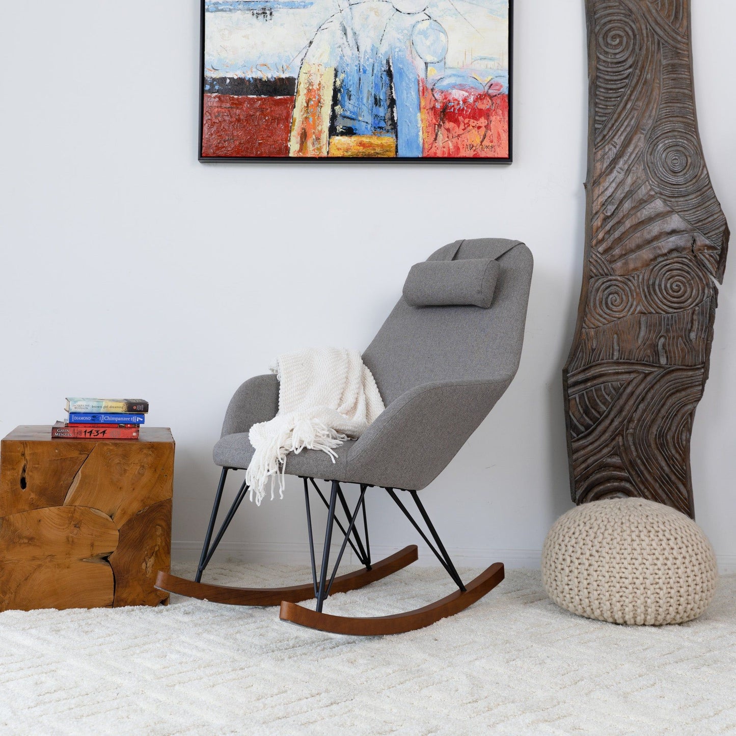 Chloe mid-century modern rocker chair gray fabric with black metal legs and wooden rockers on Tampa Home & Garden Store