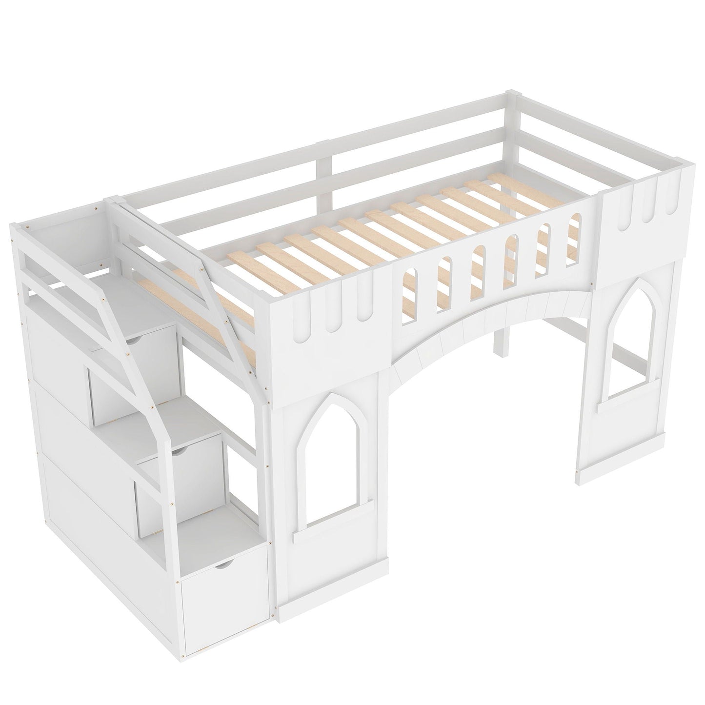 Loft Bed with Storage Staircase and Windows by HouseOfZazla, white wooden frame on Tampa Home & Garden Store