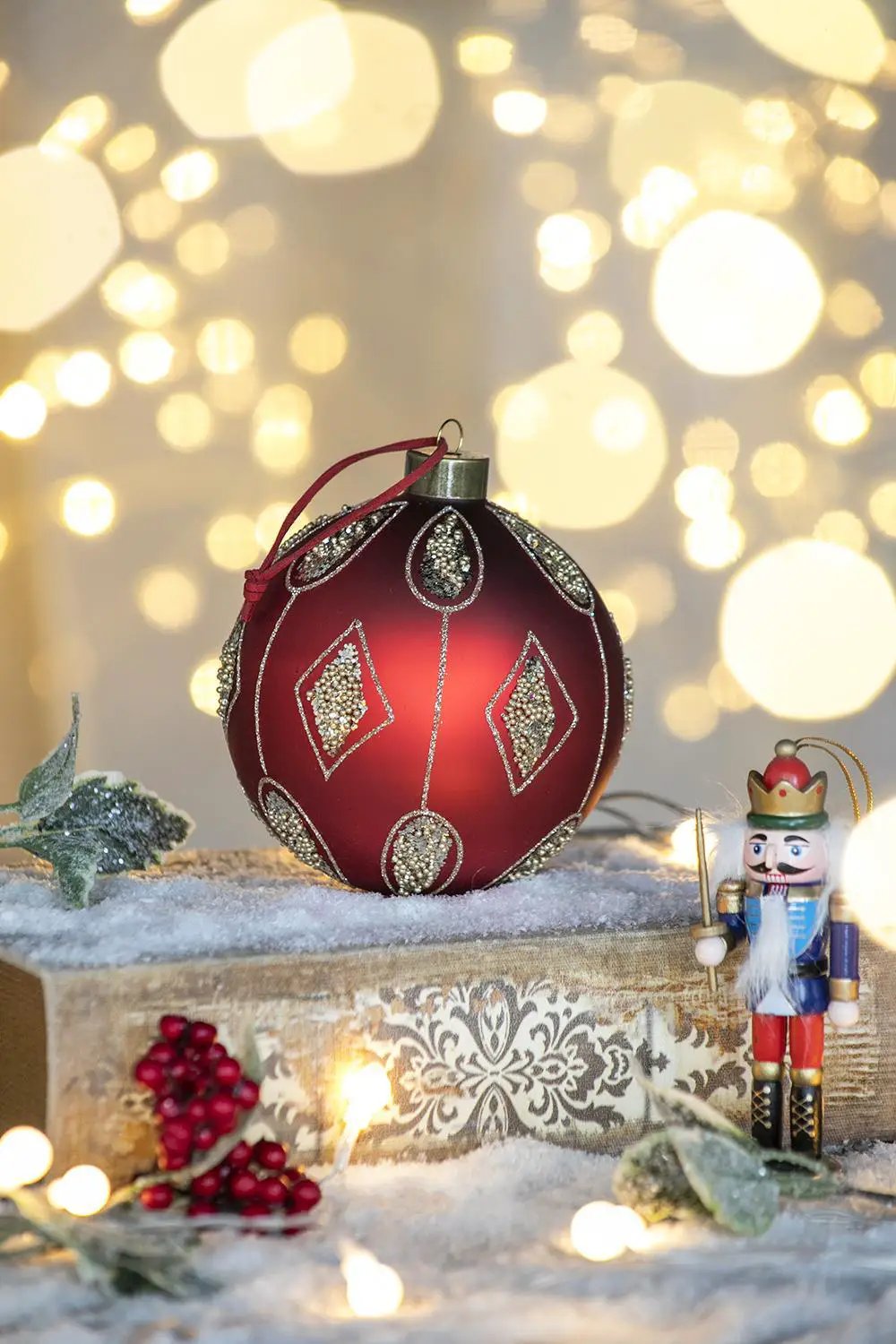 Red glass Christmas ball ornament with silver glitter diamond motifs, Unique Piece Furniture on Tampa Home & Garden Store