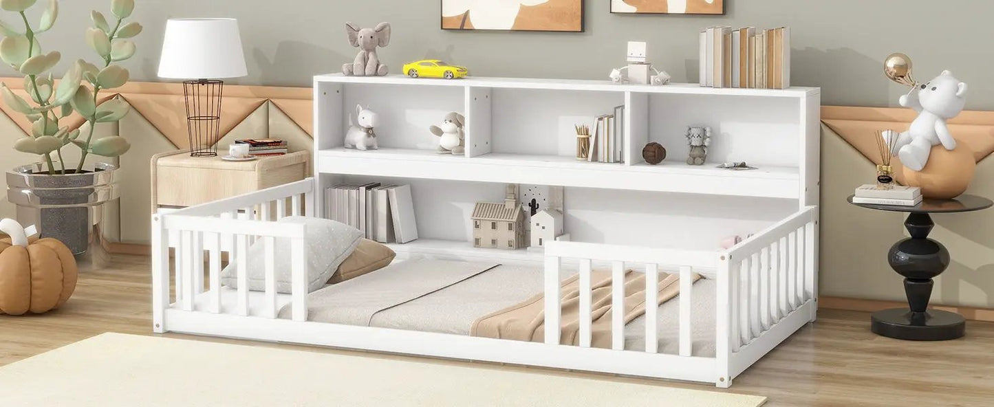 Floor Bed with Bedside Bookcase and Guardrails