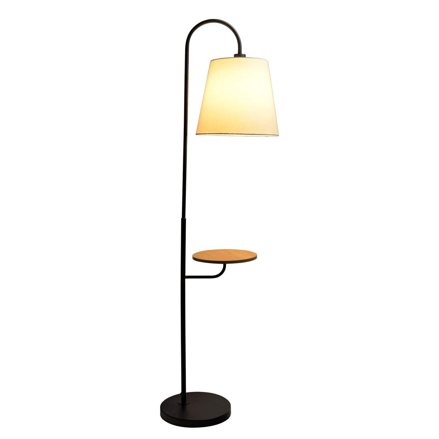 Seoul floor lamp with black metal arc, white shade, and a wood round side table on Tampa Home & Garden Store